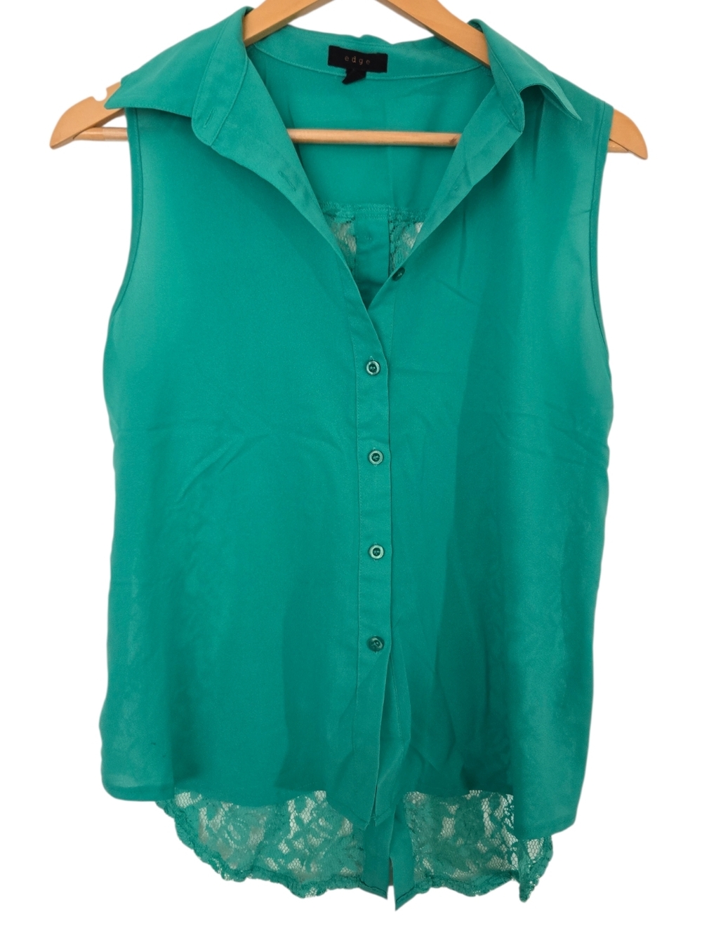 Edge Teal Lace Back Blouse Sleeveless Button Front Sheer Hi Low Top Large